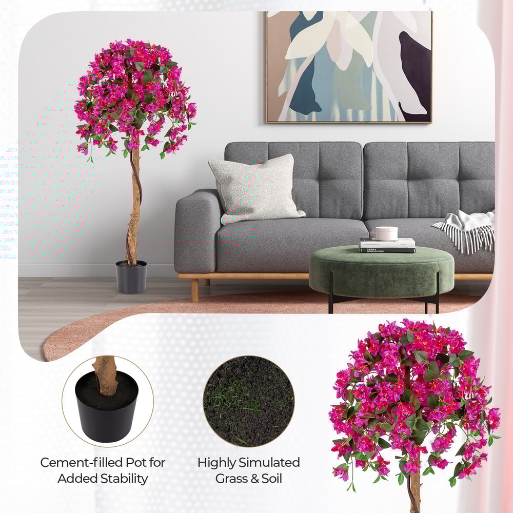 Set of 2 4.5 Feet Artificial Azalea Tree with Cement Pot Lifelike Silk Flowers & Real Wood Trunk