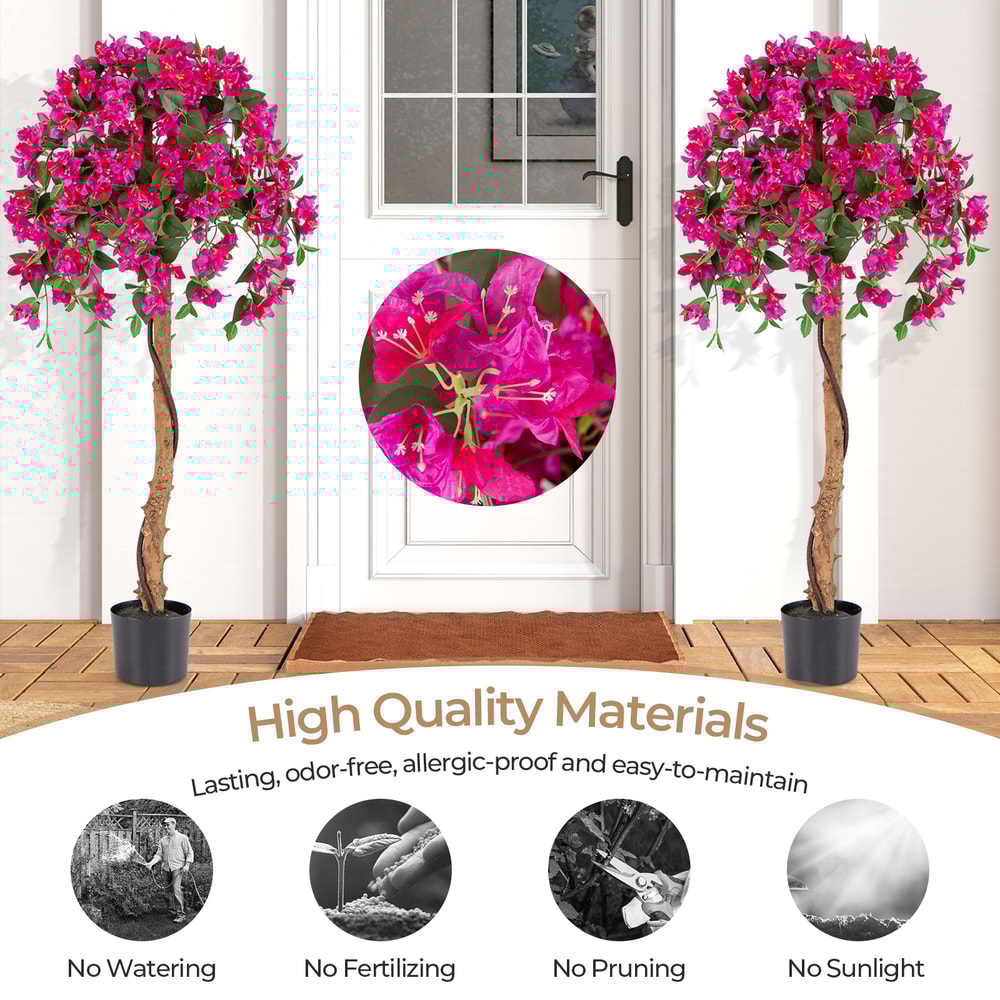 Set of 2 4.5 Feet Artificial Azalea Tree with Cement Pot Lifelike Silk Flowers & Real Wood Trunk
