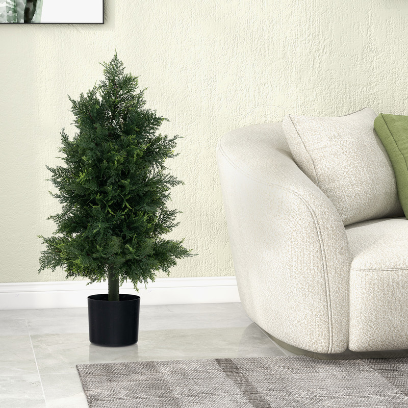 Artificial Cedar Topiary Tree in Plastic Nursery Pot, Perfect for Porch & Office Decor
