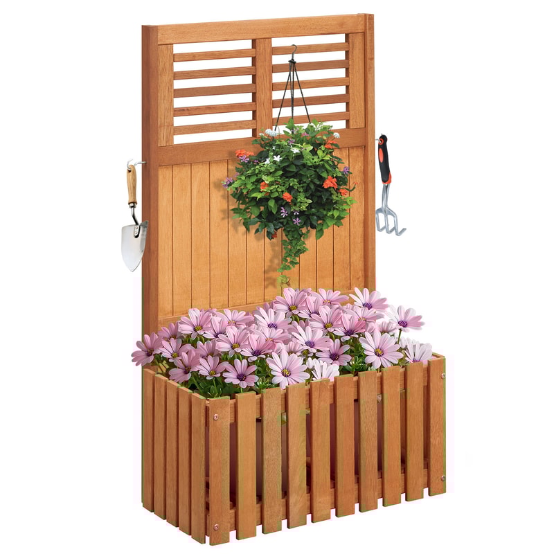 Premium Wooden Raised Garden Bed With Privacy Screen Freestanding Outdoor Planter With Trellis Hook 7
