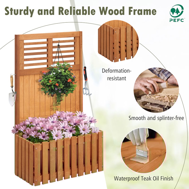 Premium Wooden Raised Garden Bed With Privacy Screen Freestanding Outdoor Planter With Trellis Hook 5