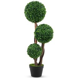 uv protected tall artificial boxwood topiary tree in pot, decorative faux greenery for porch, patio, office & home