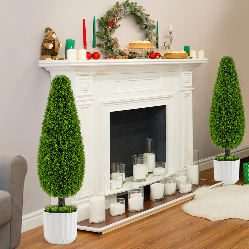 Set Of Artificial Cedar Teardrop Shaped Bushes Faux Plants In Plastic Nursery Pots For Indoor Outd 1