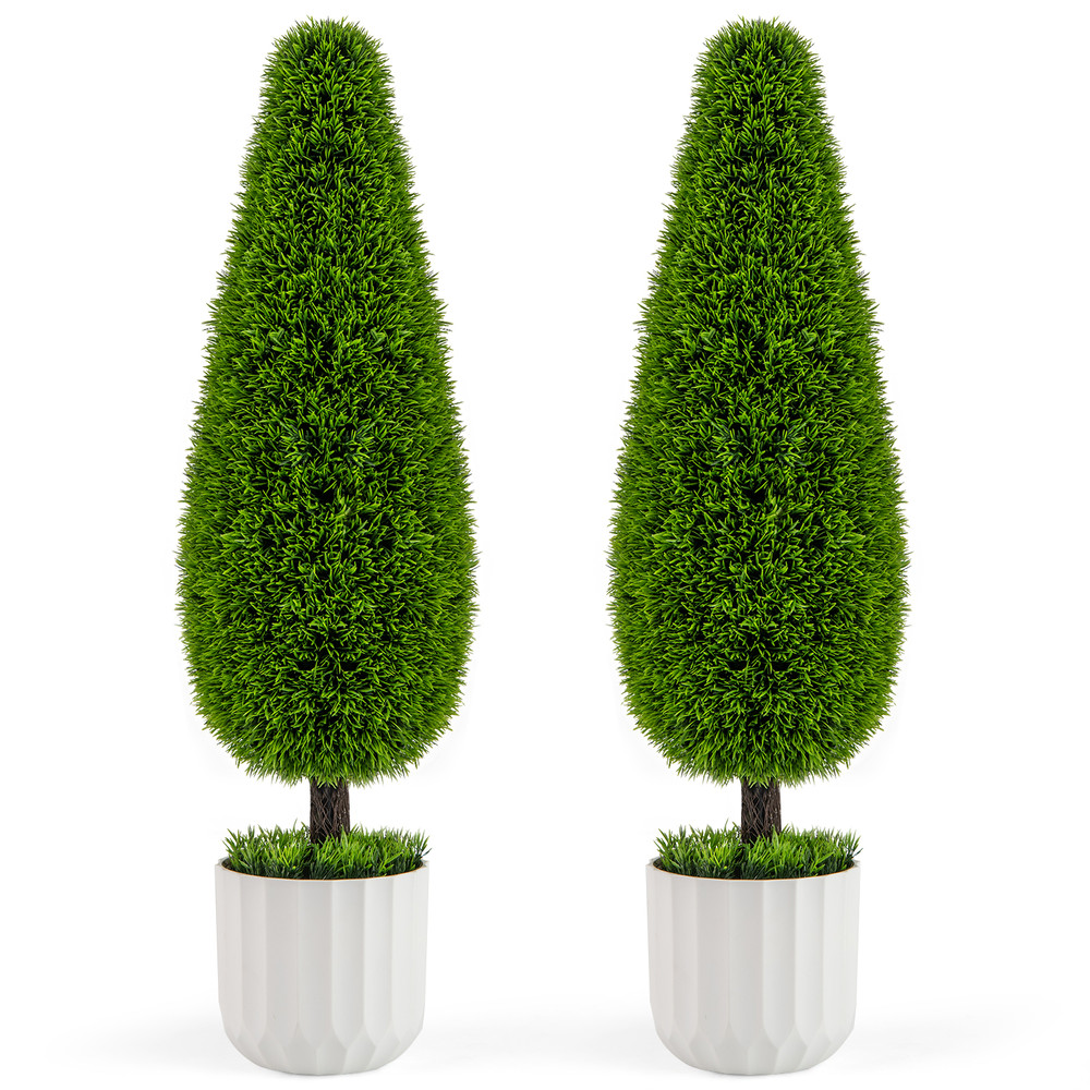 Set Of Artificial Cedar Teardrop Shaped Bushes Faux Plants In Plastic Nursery Pots For Indoor Outd 0