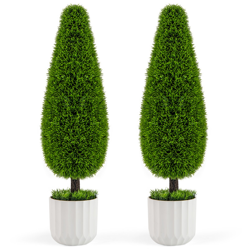 Set Of Artificial Cedar Teardrop Shaped Bushes Faux Plants In Plastic Nursery Pots For Indoor Outd 0