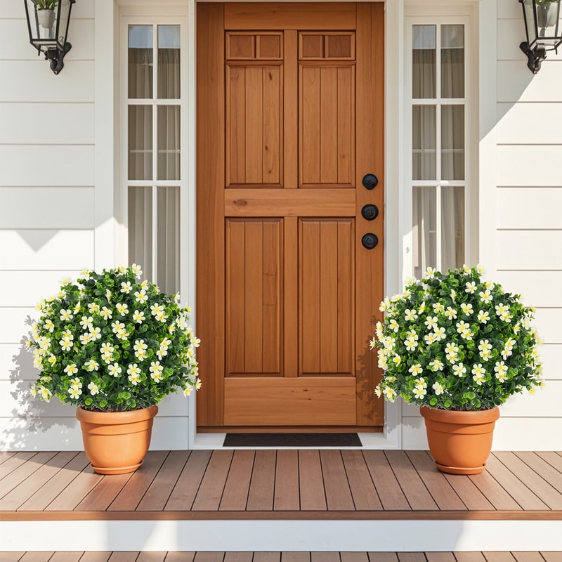 Faux Boxwood Topiary Ball Trees with Flowers, UV-Resistant Artificial Shrubs for Porch, Patio, Office, or Event Decor