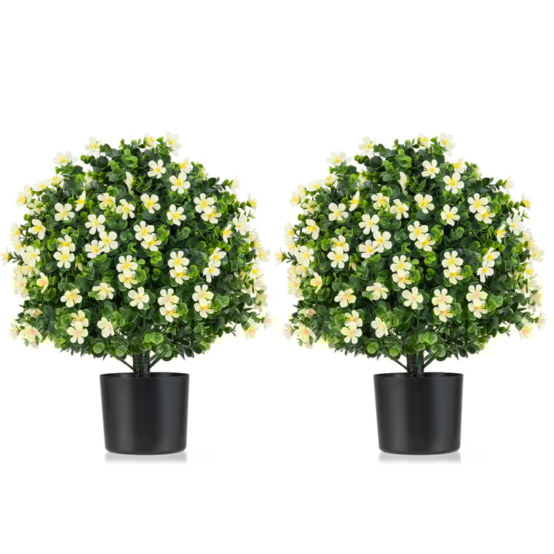 Faux Boxwood Topiary Ball Trees with Flowers, UV-Resistant Artificial Shrubs for Porch, Patio, Office, or Event Decor