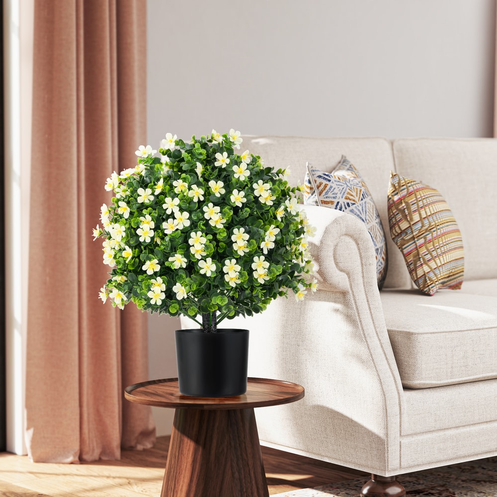 Faux Boxwood Topiary Ball Trees with Flowers, UV-Resistant Artificial Shrubs for Porch, Patio, Office, or Event Decor