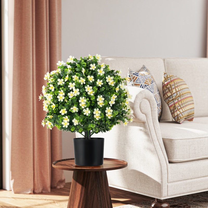 Faux Boxwood Topiary Ball Trees with Flowers, UV-Resistant Artificial Shrubs for Porch, Patio, Office, or Event Decor