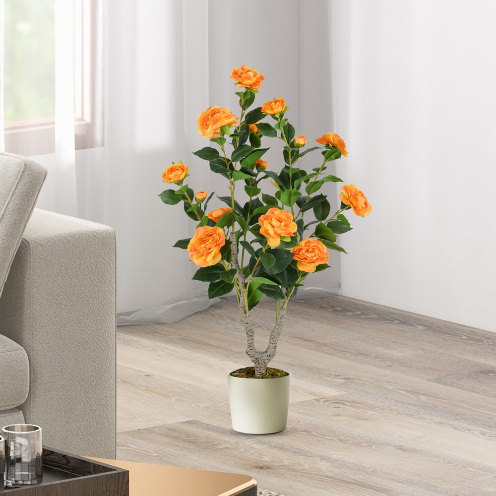 Artificial Camellia Trees With Blooming Flowers Realistic Faux Potted Plants For Indoor Decor House 3