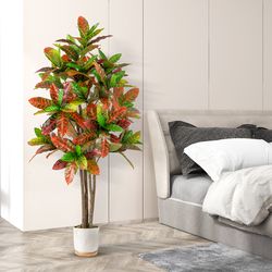5 ft tall artificial croton plant with gradient leaves & nursery pot, lifelike faux tree for home & office