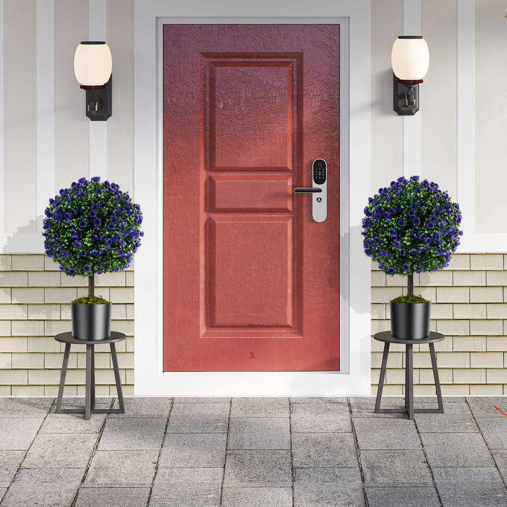 22 Inch Set Of 2 Artificial Purple Rose Topiary Ball Trees With CementFilled Pot Vibrant Stable De 0