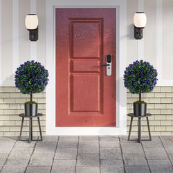 22 inch set of 2 artificial purple rose topiary ball trees with cement-filled pot, vibrant & stable decor