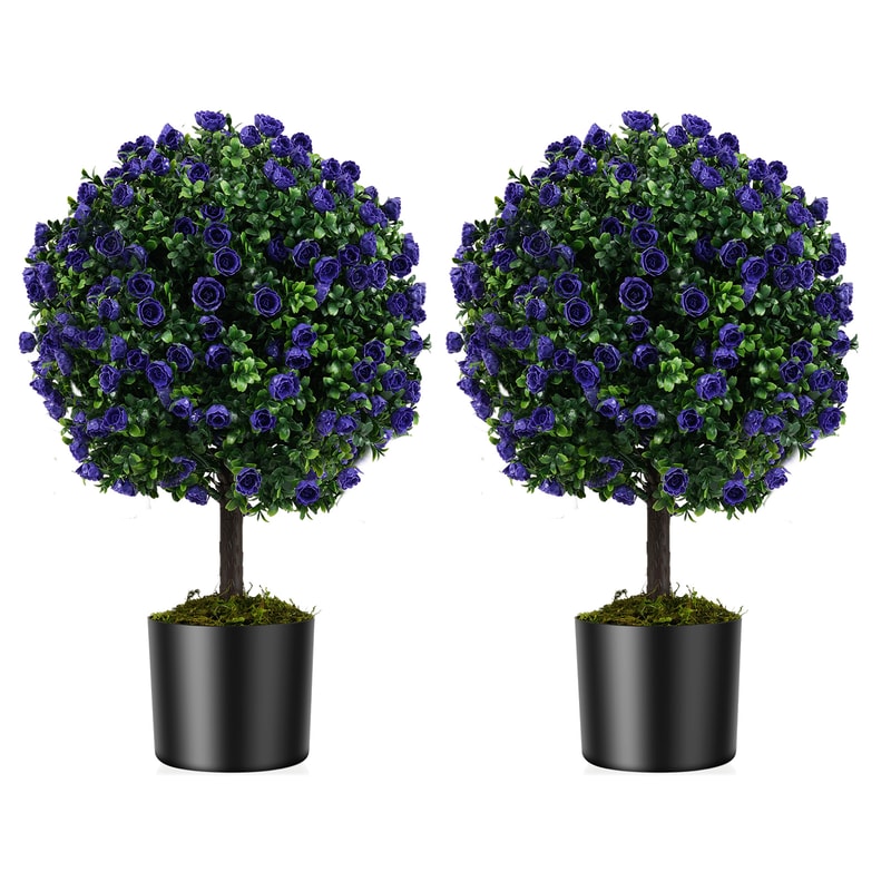 22 Inch Set Of 2 Artificial Purple Rose Topiary Ball Trees With CementFilled Pot Vibrant Stable De 3