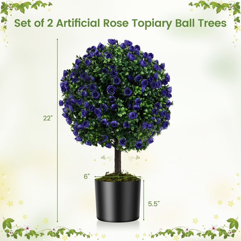 22 Inch Set Of 2 Artificial Purple Rose Topiary Ball Trees With CementFilled Pot Vibrant Stable De 4