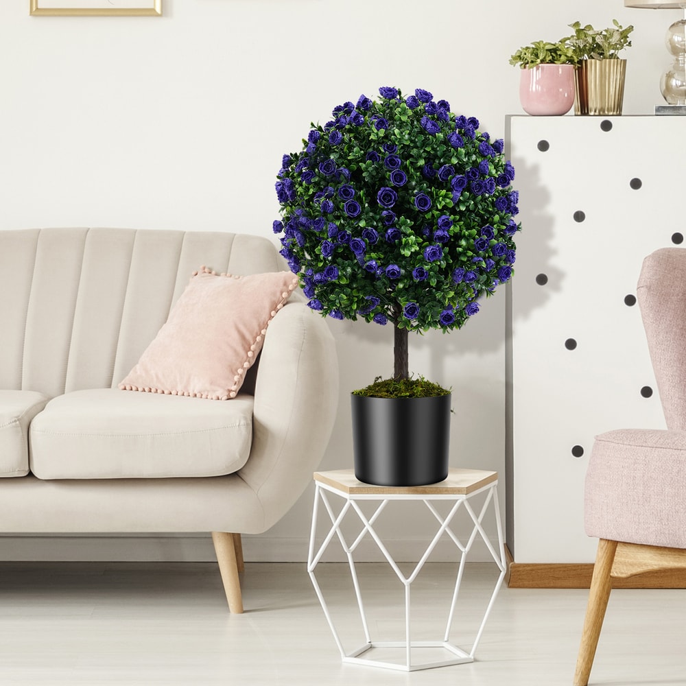 22 Inch Set Of 2 Artificial Purple Rose Topiary Ball Trees With CementFilled Pot Vibrant Stable De 1