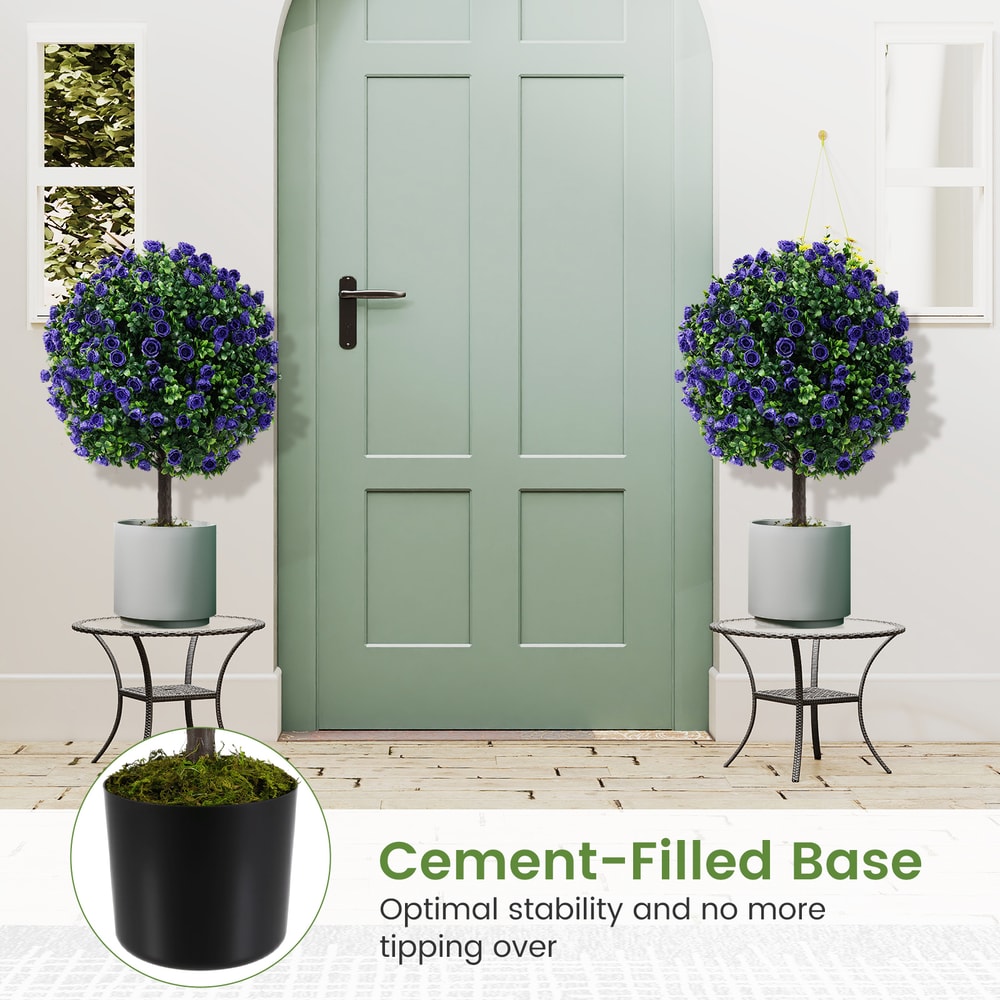 22 Inch Set Of 2 Artificial Purple Rose Topiary Ball Trees With CementFilled Pot Vibrant Stable De 6