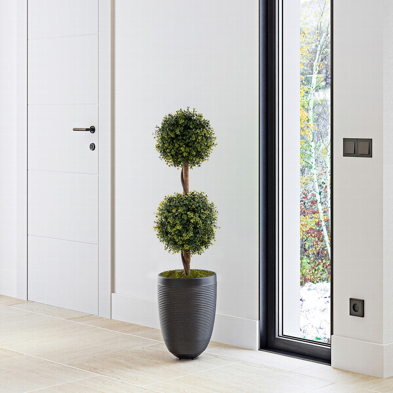 Set Of 2 Artificial Double Topiary Ball Trees Realistic PE Leaf Decor With Cement Pot 1