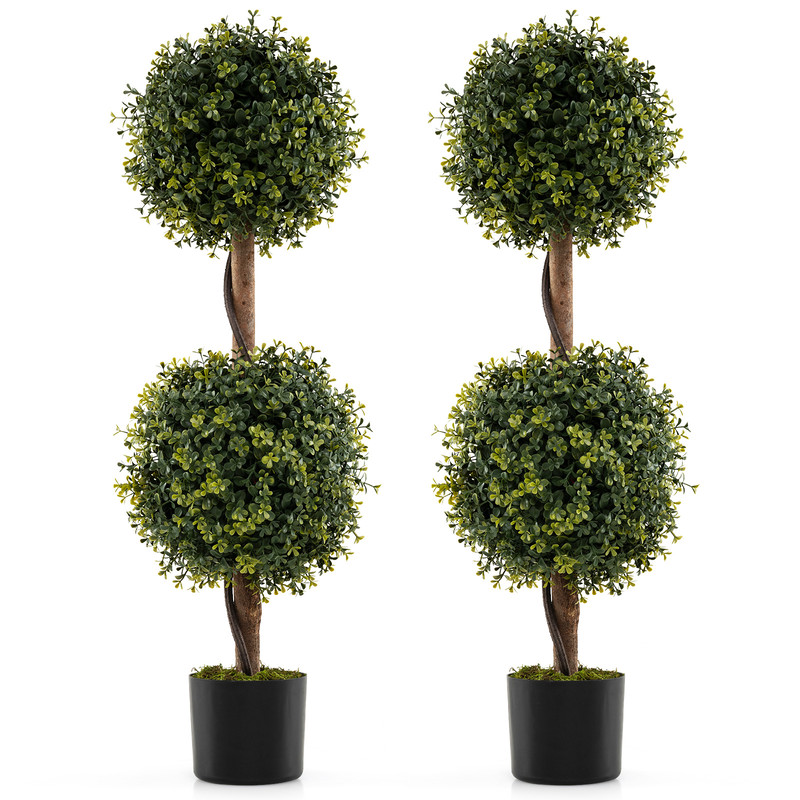 Set Of 2 Artificial Double Topiary Ball Trees Realistic PE Leaf Decor With Cement Pot 4