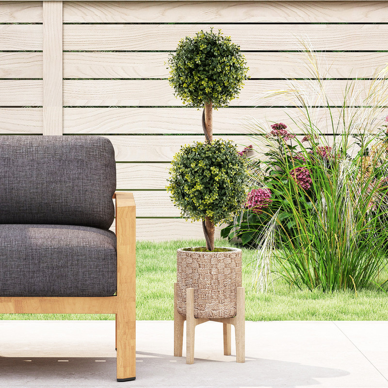 Set Of 2 Artificial Double Topiary Ball Trees Realistic PE Leaf Decor With Cement Pot 3