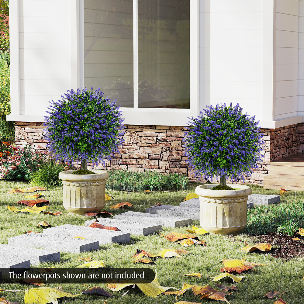 23 Inch Set Of 2 Artificial Lavender Topiary Ball Trees With CementFilled Pot PotIndoorOutdoor Deco 2