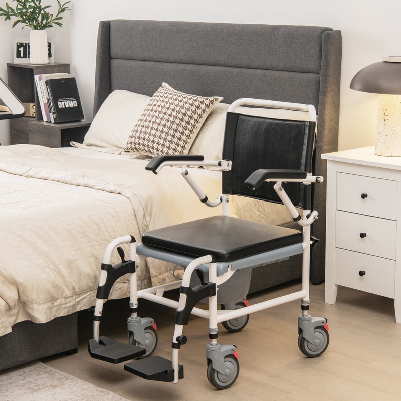 4 in 1 Bedside Commode Wheelchair with Detachable Bucket Adjustable Shower & Mobility Chair