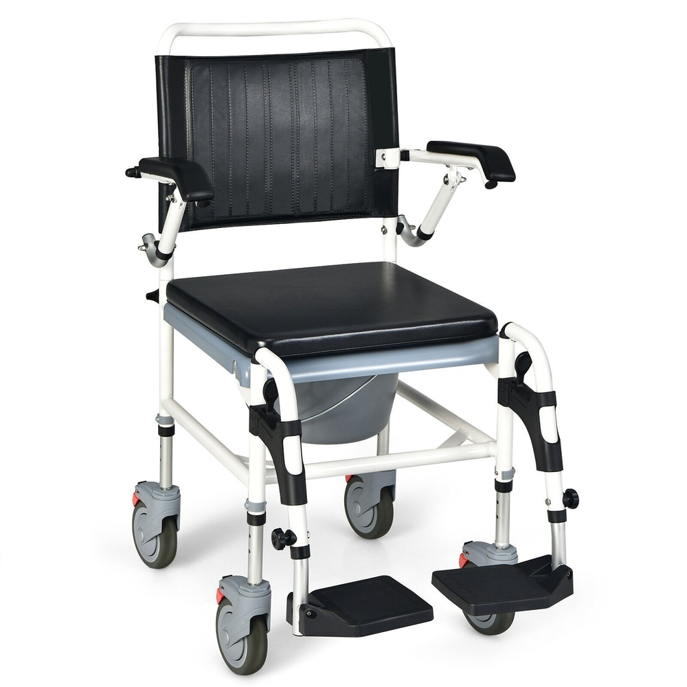4 in 1 Bedside Commode Wheelchair with Detachable Bucket Adjustable Shower & Mobility Chair