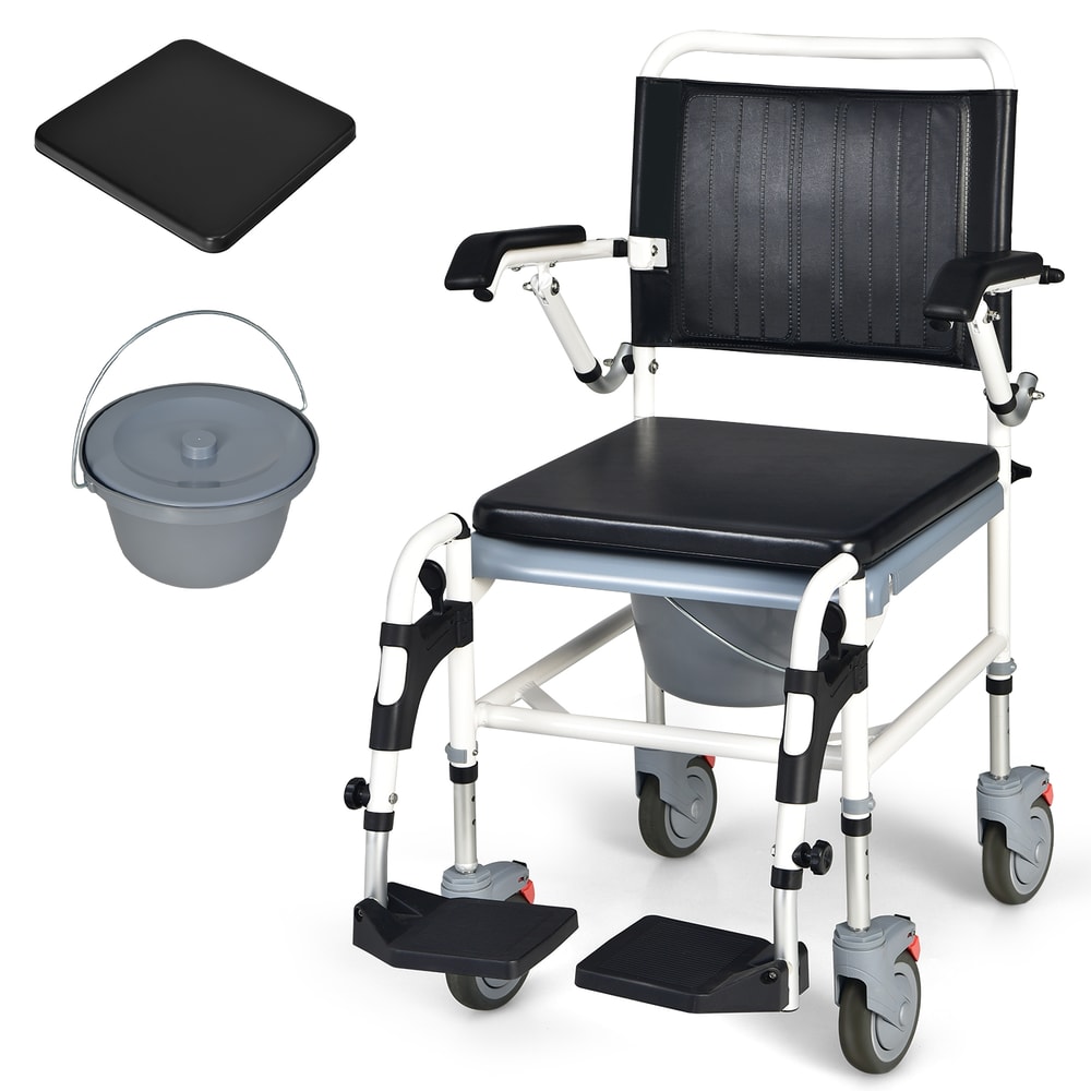 4 in 1 Bedside Commode Wheelchair with Detachable Bucket Adjustable Shower & Mobility Chair