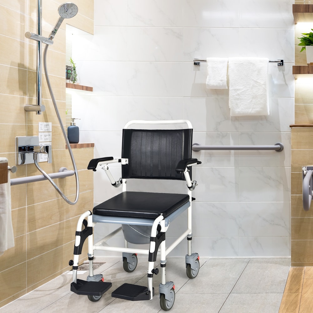 4 in 1 Bedside Commode Wheelchair with Detachable Bucket Adjustable Shower & Mobility Chair