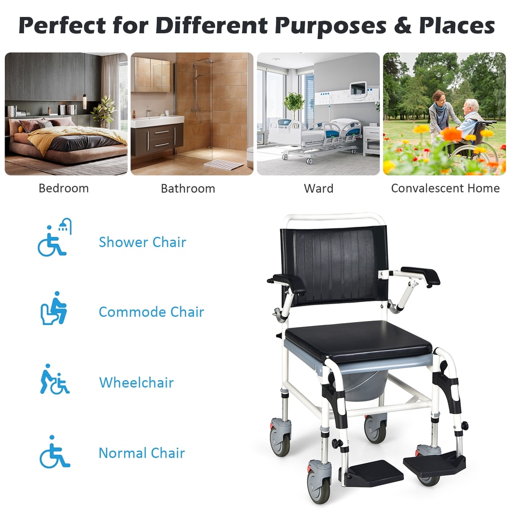 4 in 1 Bedside Commode Wheelchair with Detachable Bucket Adjustable Shower & Mobility Chair