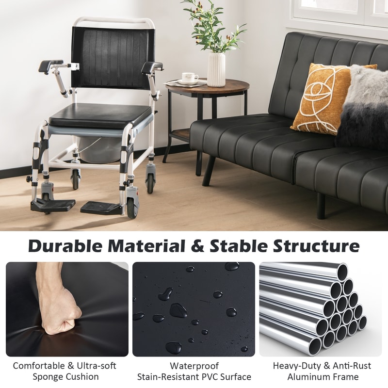 4 in 1 Bedside Commode Wheelchair with Detachable Bucket Adjustable Shower & Mobility Chair