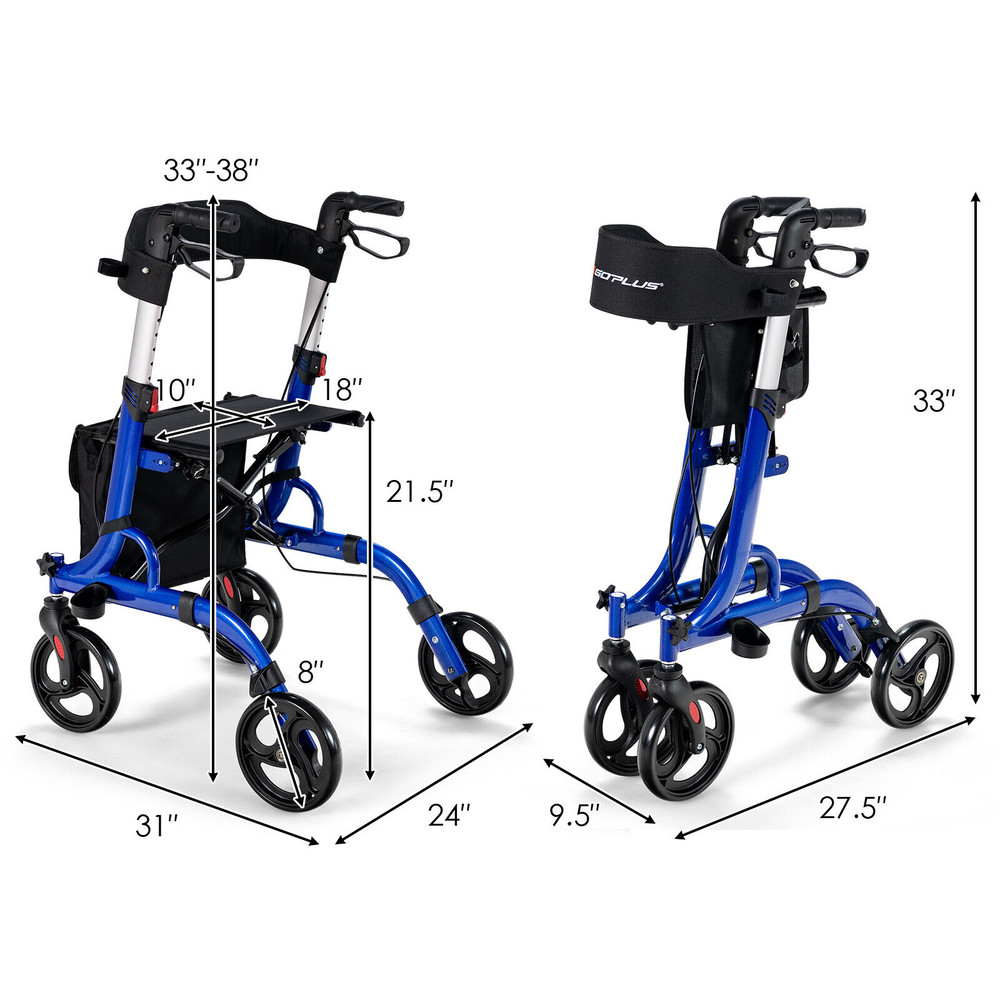 Folding Aluminum Rollator Walker with 8 Inch Wheels and Seat Lightweight & Portable Mobility Aid