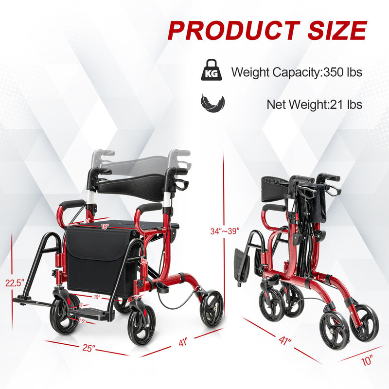 Folding Rollator Walker with 8 Inch Wheels and Seat Lightweight, Adjustable & Durable Mobility Aid