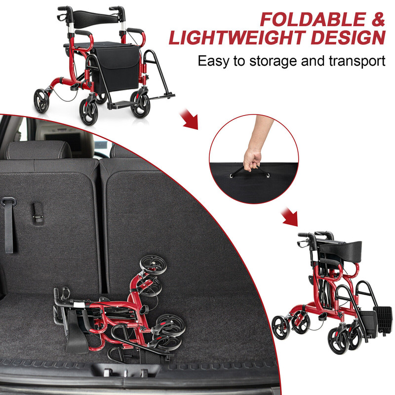 Folding Rollator Walker with 8 Inch Wheels and Seat Lightweight, Adjustable & Durable Mobility Aid