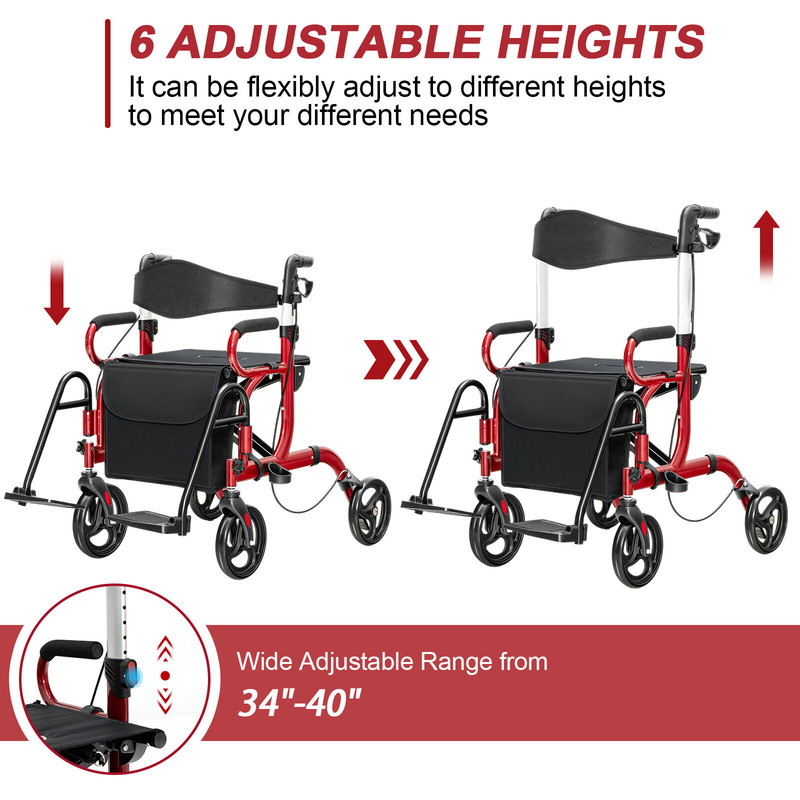 Folding Rollator Walker with 8 Inch Wheels and Seat Lightweight, Adjustable & Durable Mobility Aid