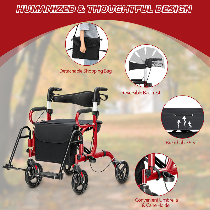 Folding Rollator Walker with 8 Inch Wheels and Seat Lightweight, Adjustable & Durable Mobility Aid