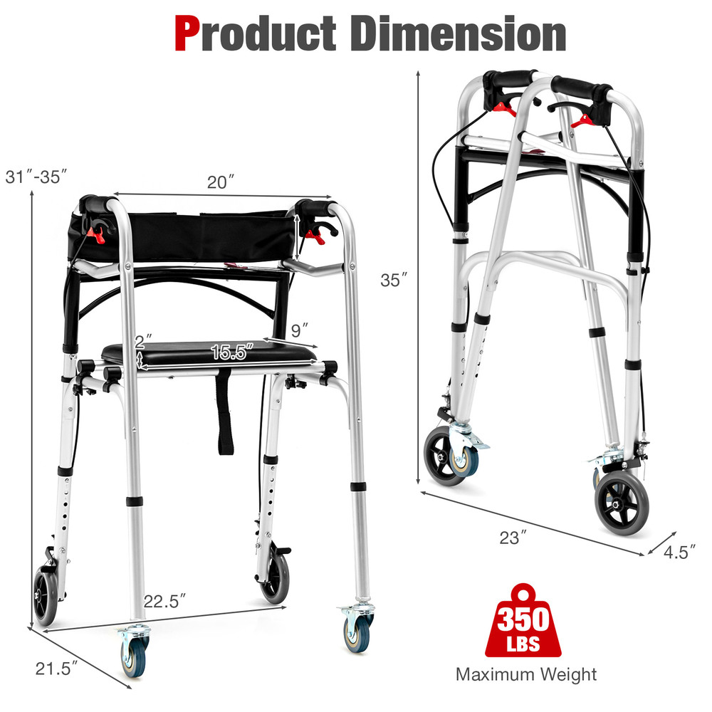 Height Adjustable Aluminum Walker with Rolling Wheels and Brakes Foldable Mobility Aid for Seniors