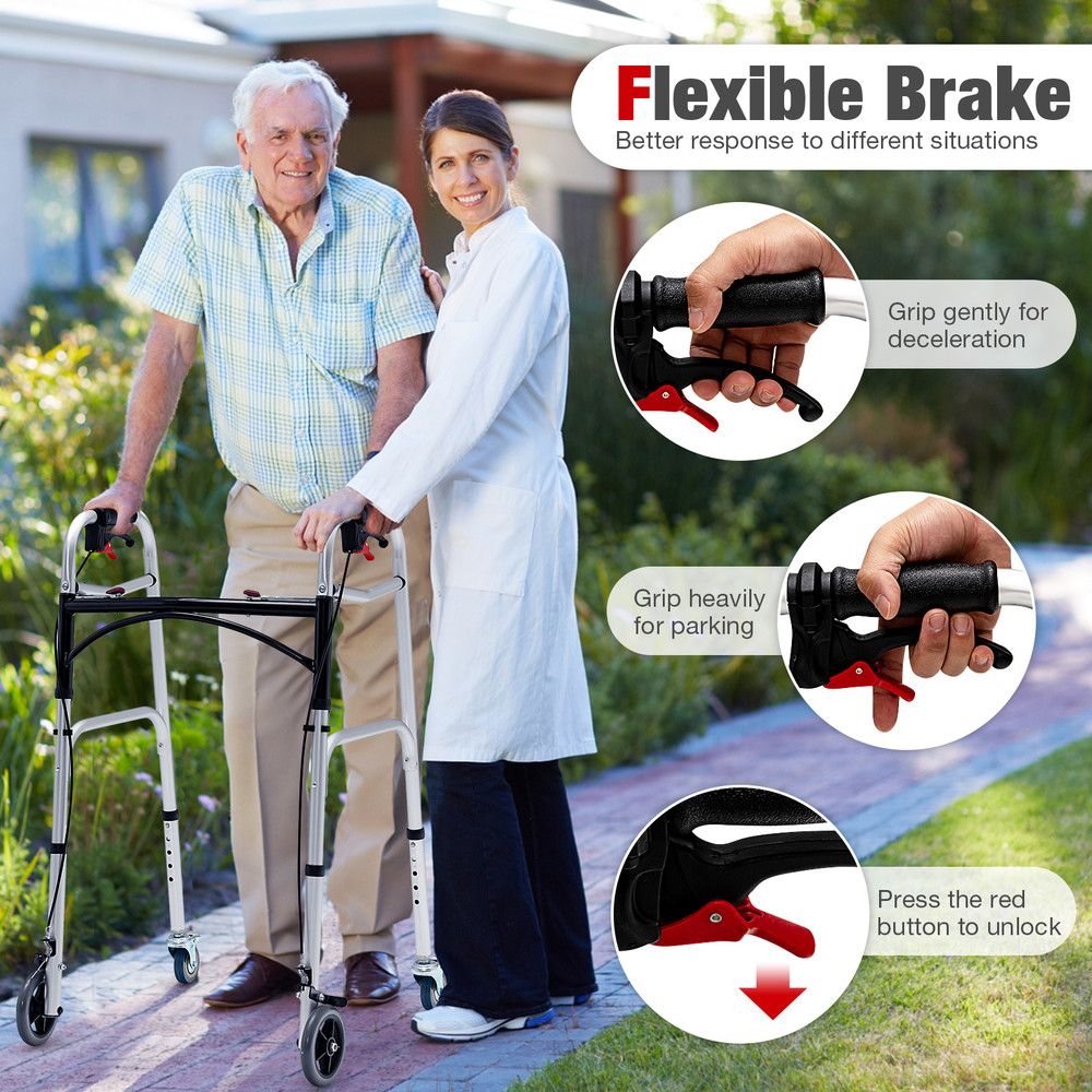 Height Adjustable Aluminum Walker with Rolling Wheels and Brakes Foldable Mobility Aid for Seniors