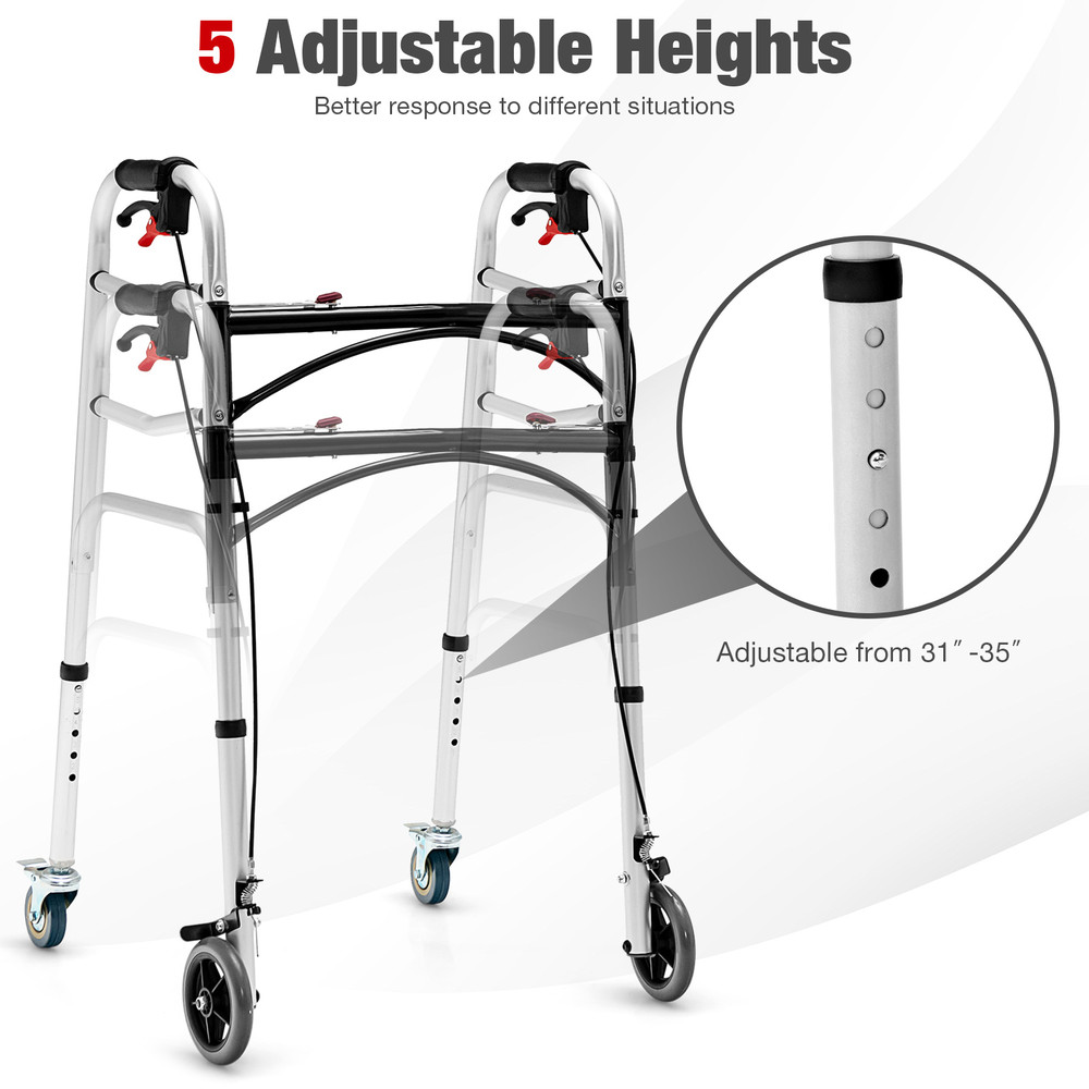 Height Adjustable Aluminum Walker with Rolling Wheels and Brakes Foldable Mobility Aid for Seniors