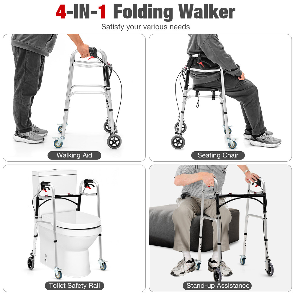 Height Adjustable Aluminum Walker with Rolling Wheels and Brakes Foldable Mobility Aid for Seniors