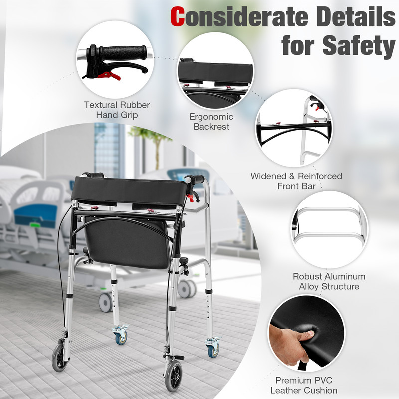 Height Adjustable Aluminum Walker with Rolling Wheels and Brakes Foldable Mobility Aid for Seniors