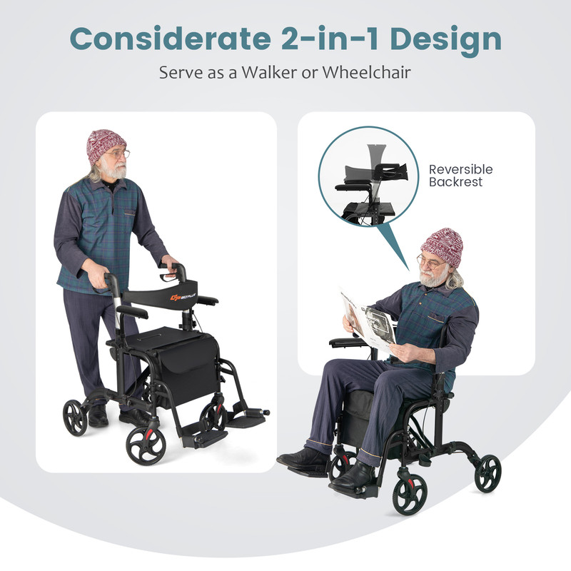 2 in 1 Folding Rollator Walker with Seat & Wheels Supports Up to 300 lbs, Adjustable & Portable