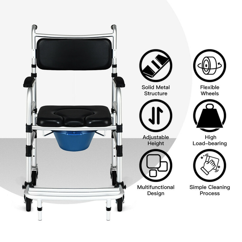 2 in 1 Aluminum Commode Shower Wheelchair with Locking Casters Adjustable & Foldable Mobility Aid