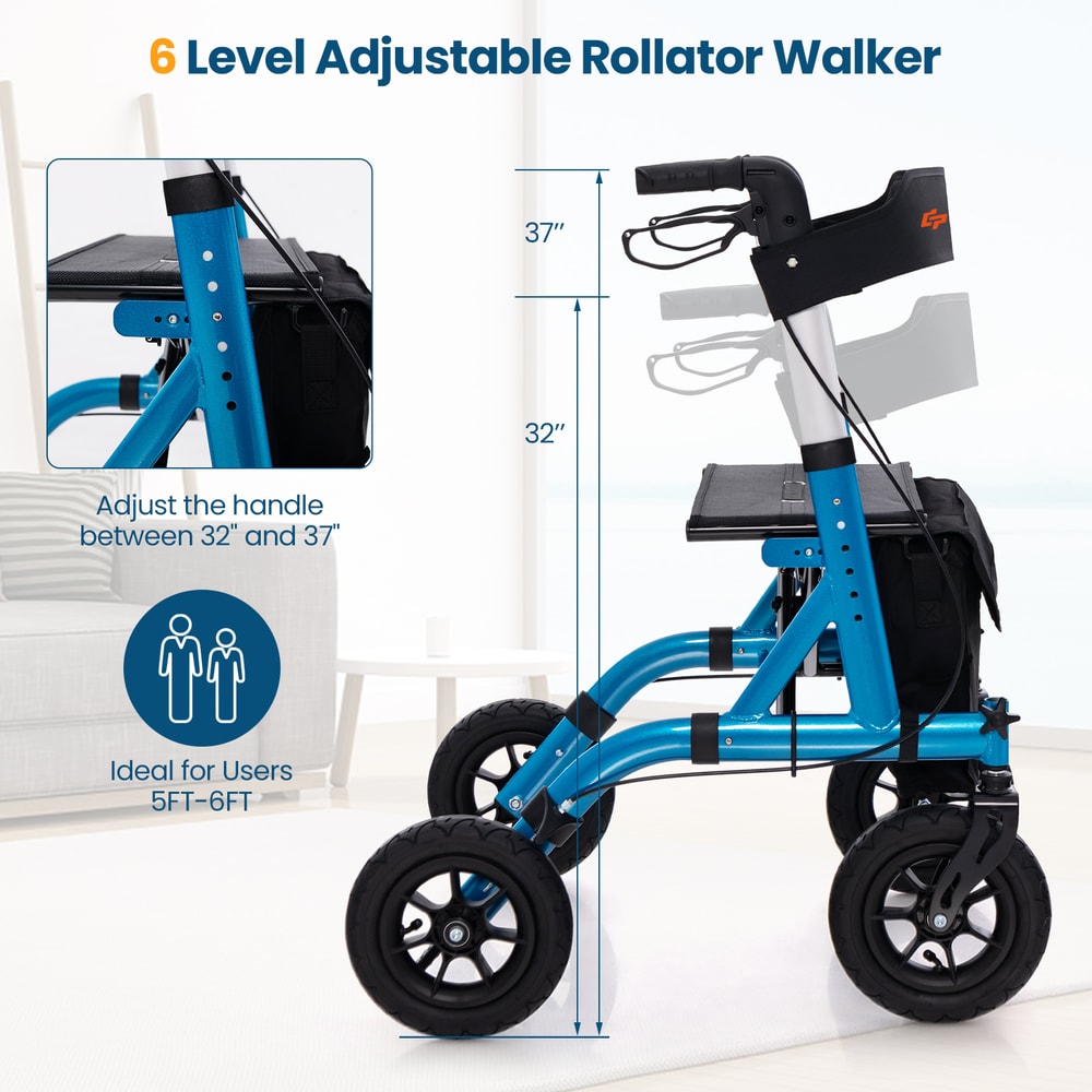 Height Adjustable Rollator Walker – Foldable Rolling Walker with Seat for Seniors, All Terrain Wheels