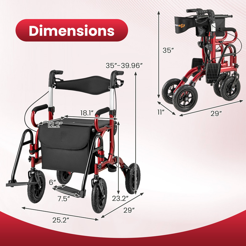 2 in 1 Foldable Rollator Walker with Seat & 9 Inch Pneumatic Tires for Seniors – Adjustable, Lightweight & Comfortable