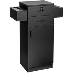 modern salon station storage cabinet for hair stylist, heat-resistant tool holsters, locking drawer, spacious storage