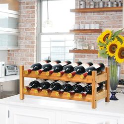 2-tier 12 bottles bamboo wine rack, natural storage shelf for kitchen & cellar