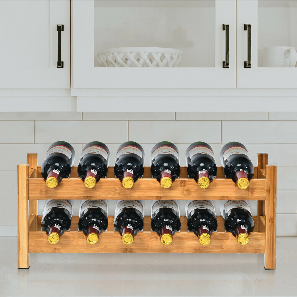 2Tier 12 Bottles Bamboo Wine Rack Natural Storage Shelf For Kitchen Cellar 1