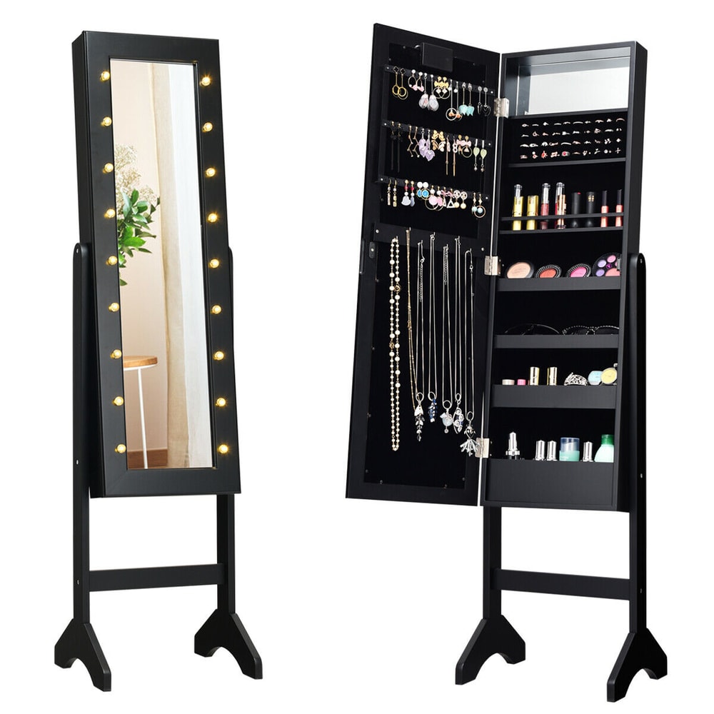 Mirrored Jewelry Cabinet Armoire Organizer with LED Lights, Elegant Storage for Necklaces, Rings & More