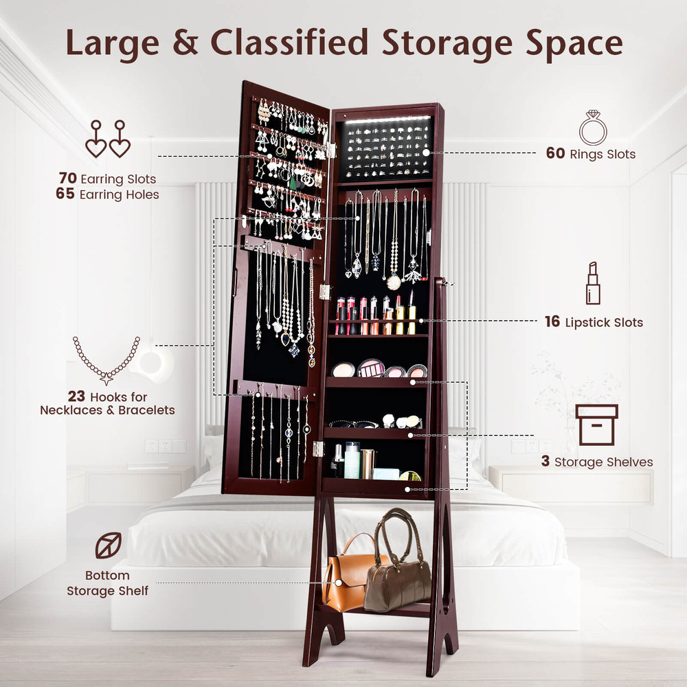 LED Jewelry Cabinet Armoire Organizer With Bevel Edge Mirror Stylish  Spacious Storage 7